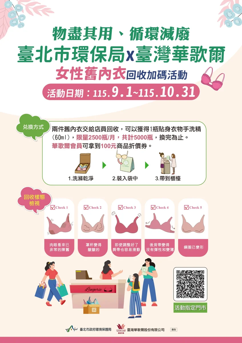 台北市換好康!女性舊內衣回收 2件換手洗精加碼拿折價券