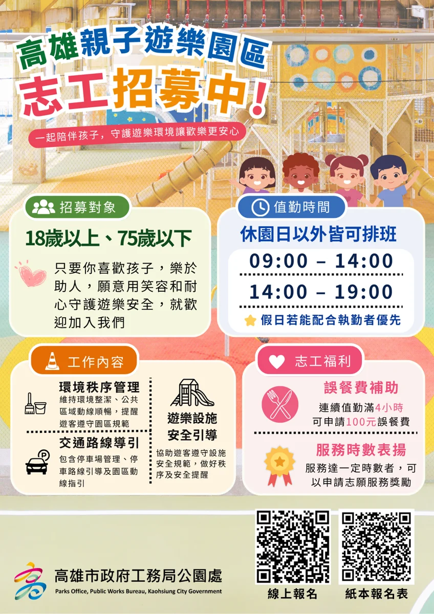 守護孩子笑聲!高雄親子遊樂園區招募志工 彈性排班享誤餐費補助