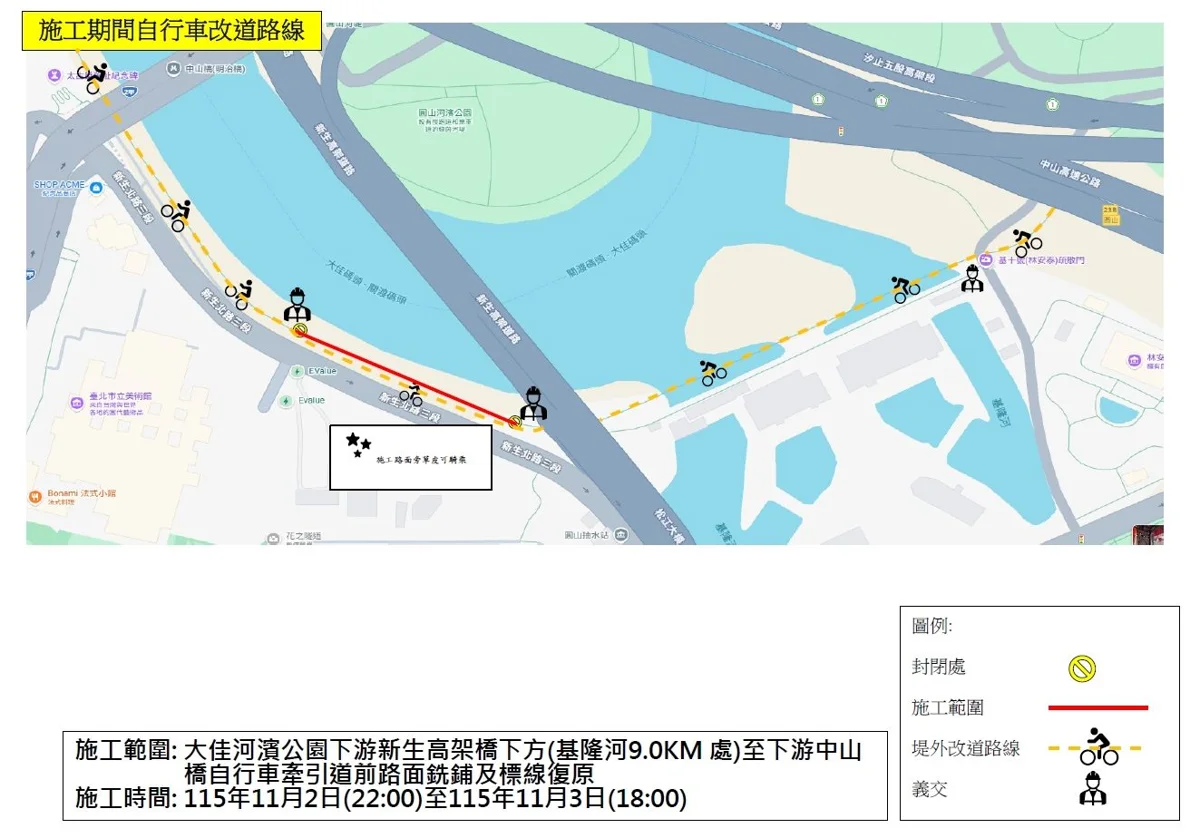 單車族注意!基隆河左岸這路段11/2起封閉施工20小時