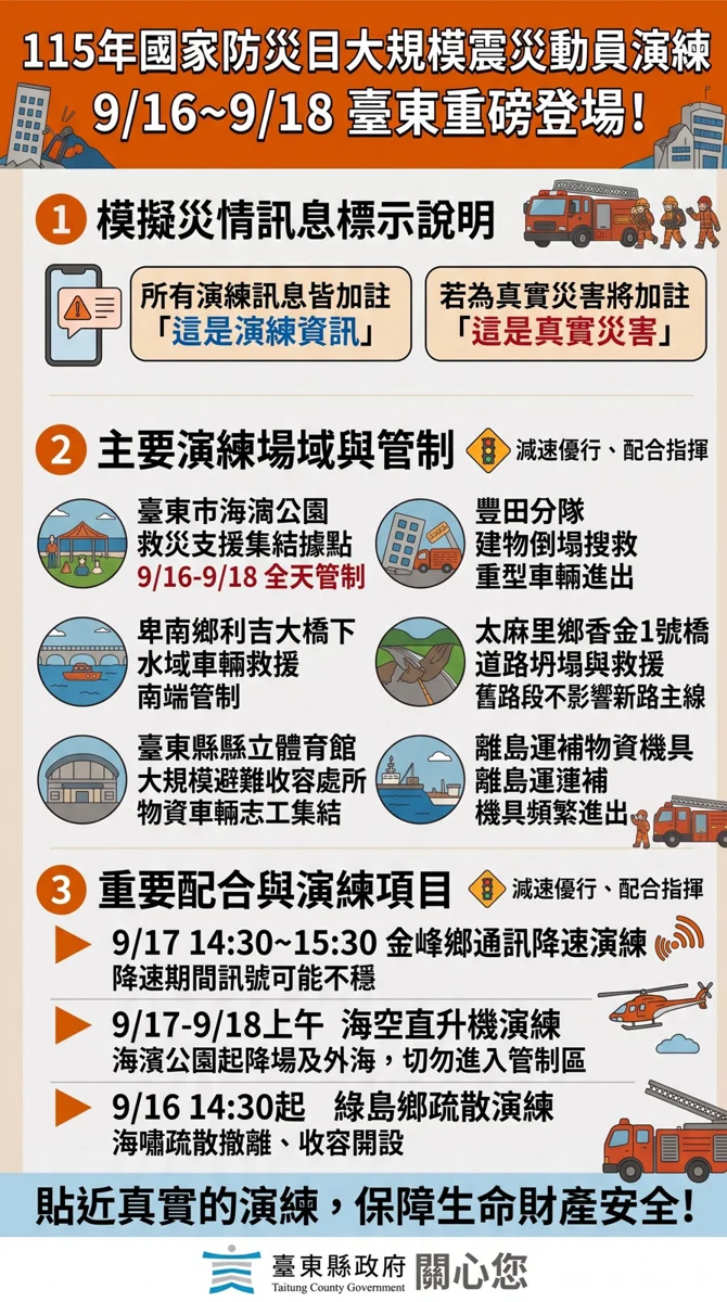 臺東千人防災大演練9/16登場！交管路段與降速區域一次看
