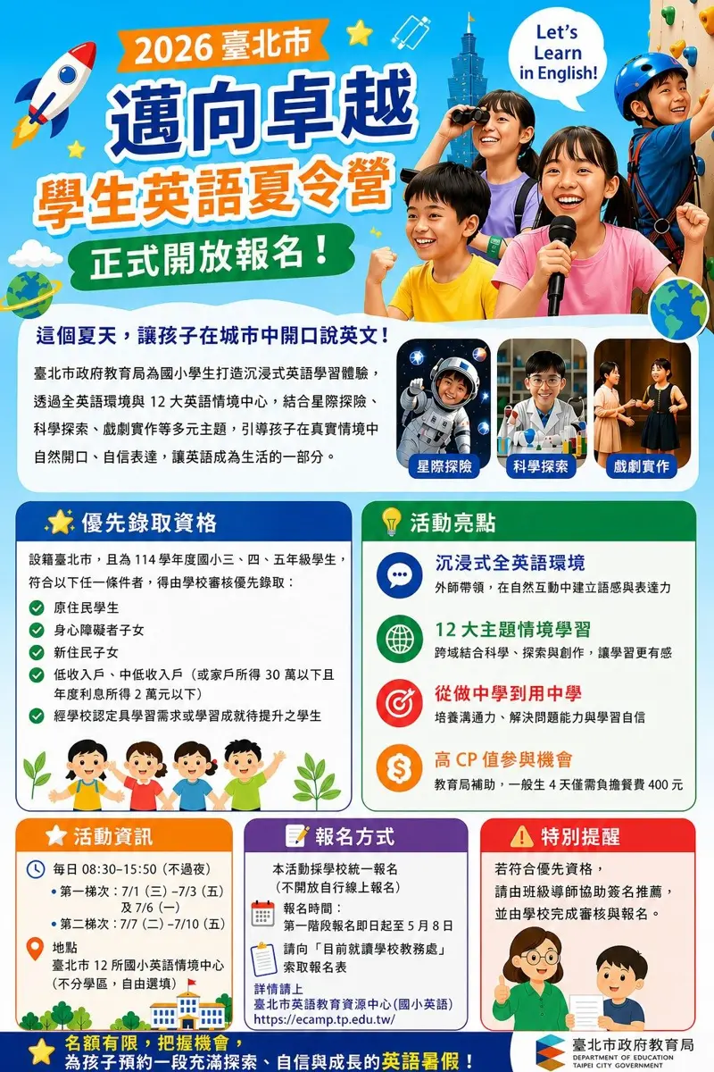台北英語夏令營開放報名!12校串聯免費名額優先弱勢,攀岩、主播體驗玩中學