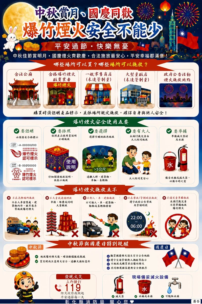 中秋國慶放煙火注意!彰化縣消防局祭出「4大原則」 兒童禁放這3種