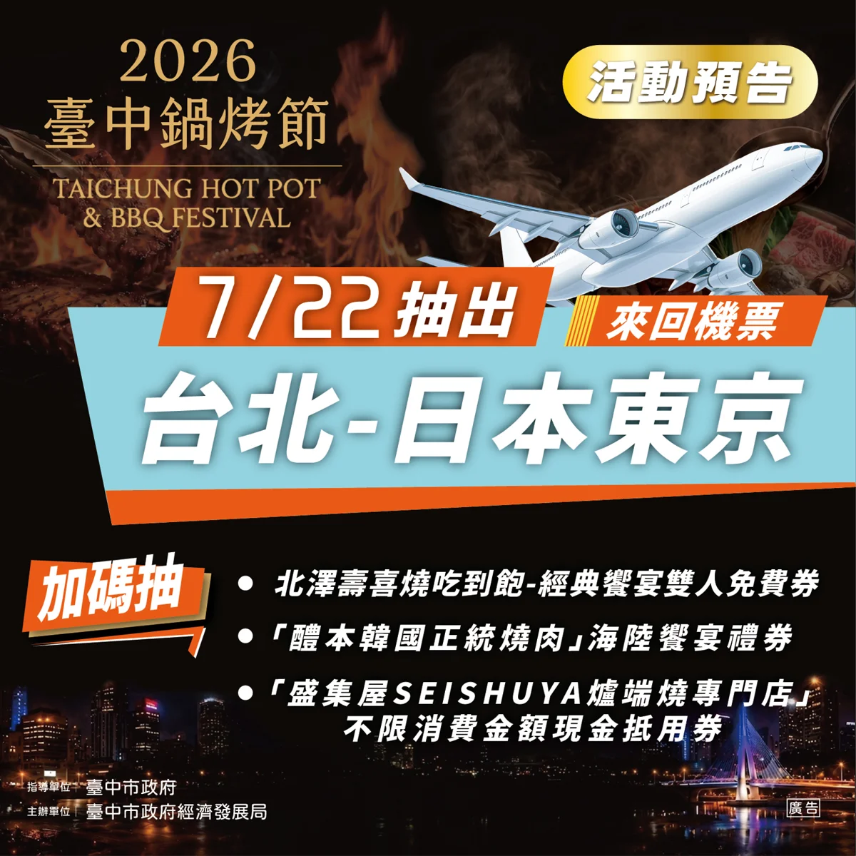 2026台中鍋烤節抽機票啦!7/22首波大獎出爐,300萬抵用券等你拿