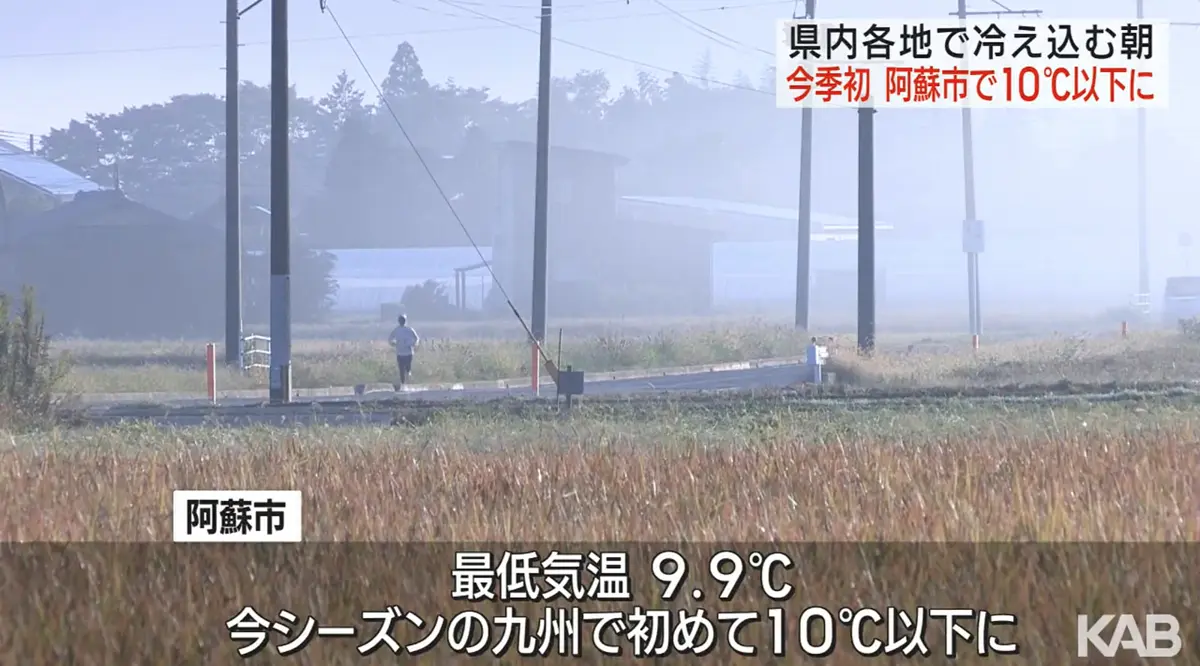 阿蘇市出現今季首次10℃以下寒冷天氣,注意寒暖差