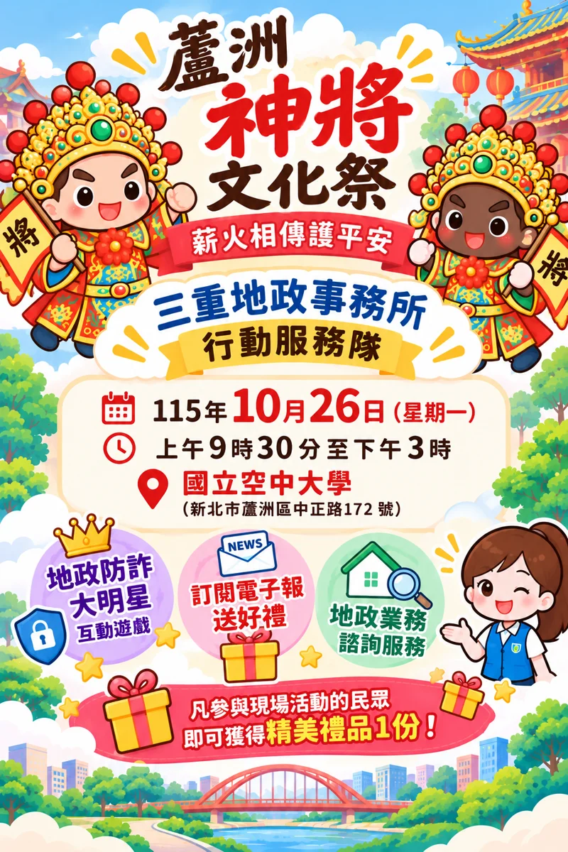 10/26蘆洲神將文化祭登場!三重地政設攤玩遊戲送精美禮品