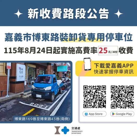 嘉義市博東路南側「卸貨車位」8/24起實施高費率 每半小時25元