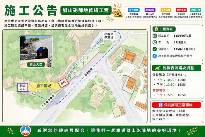 獅山砲陣地9/1起封閉整修！砲操場次異動、動線調整一次看