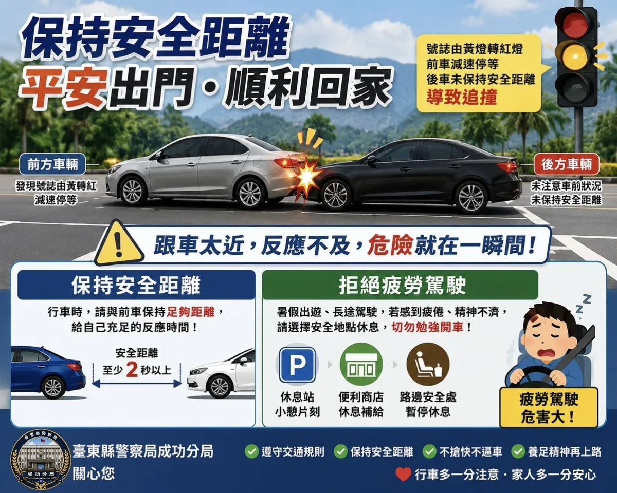 暑假遊東海岸注意!成功警曝「防追撞」關鍵:務必保持安全距離