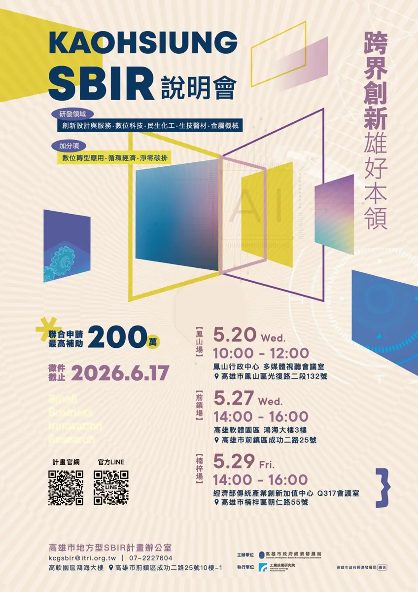 高雄中小企業補助開跑!SBIR最高200萬,一頁式申請懶人包大公開