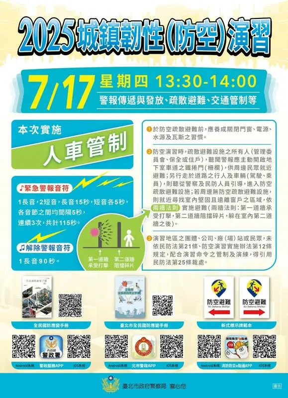 臺北市將舉行防空演習,交通大受影響