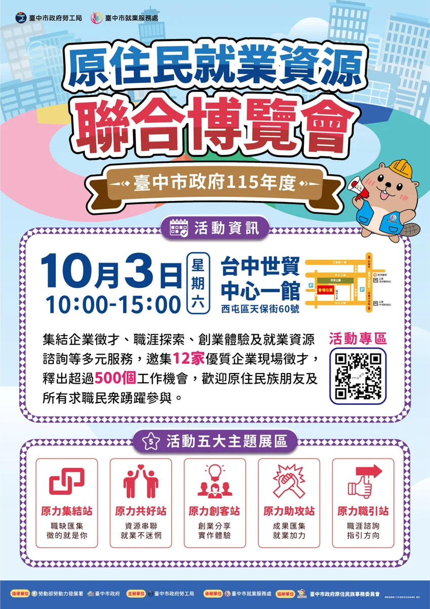 台中原住民就業博覽會10/3首度登場！12家企業釋出逾500個職缺找頭路
