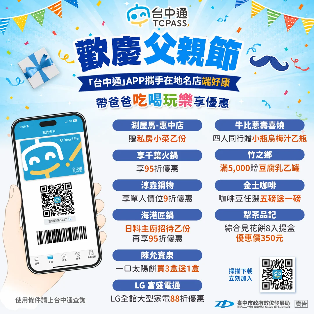 父親節好康來了!台中通APP超值優惠大公開 帶爸爸吃喝玩樂享折扣