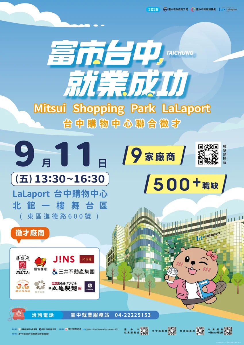 台中LaLaport聯合徵才9/11登場!釋500職缺、平均薪資破4萬