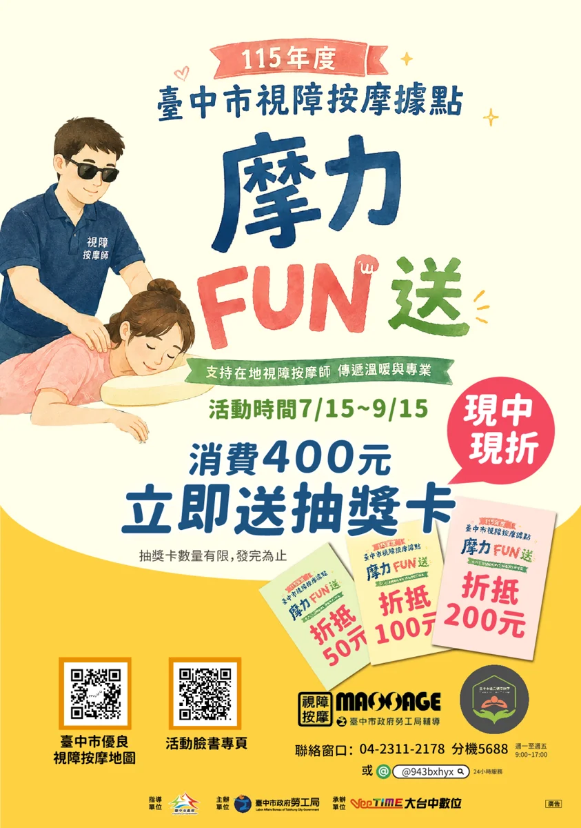 台中按摩「摩力FUN送」開跑！滿額即抽最高200元現抵