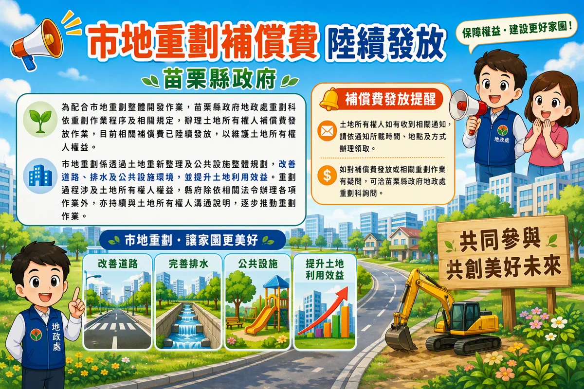 地主必看！苗栗縣市地重劃補償費陸續發放 領取資訊一次掌握
