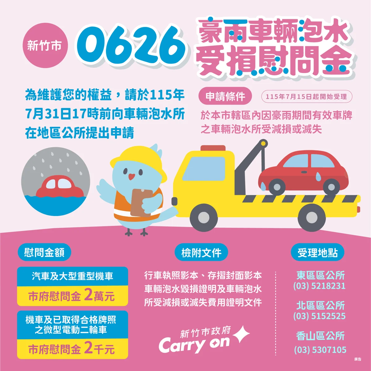 新竹市泡水車主看過來!最高2萬元慰問金7/15起開放申請