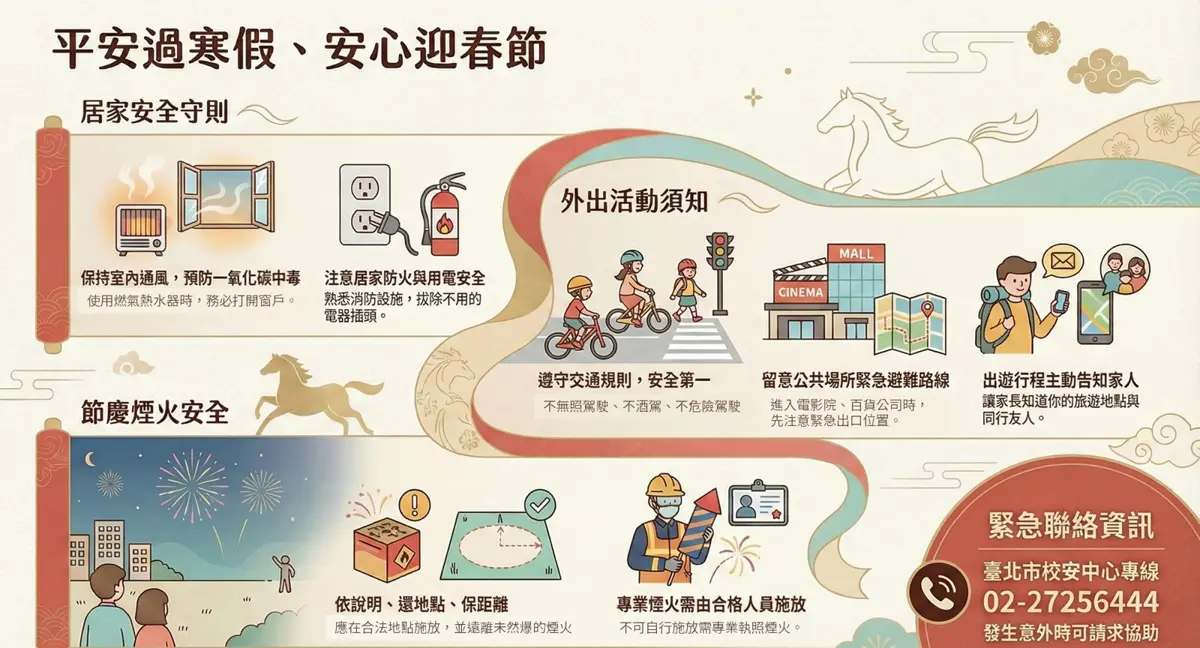 2026寒假春節出遊注意!北市教育局發布3大安全提醒,CO中毒、無照駕駛成隱形殺手