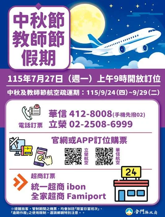 2026中秋連假返鄉注意!臺金航線7/27上午9點開搶 釋出逾4.9萬座位