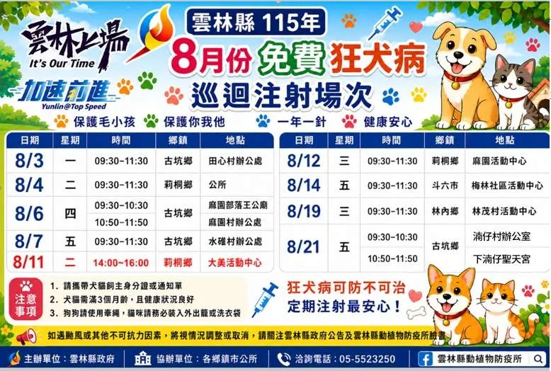 雲林縣8月免費狂犬病疫苗開打!犬貓打針兼植晶片,未施打最高罰15萬