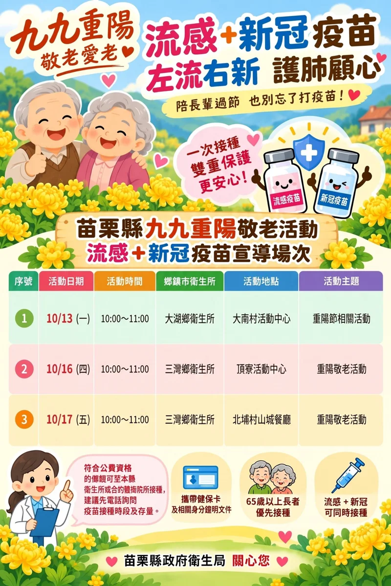重陽敬老送健康!苗栗「左流右新」疫苗開打 2招護長輩遠離重症