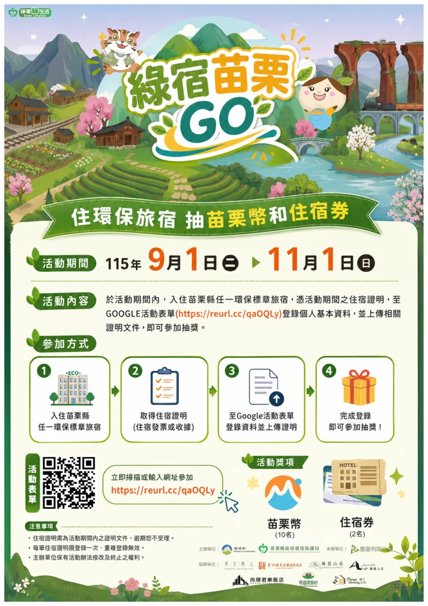 [必看] 住苗栗抽好康！「綠宿苗栗GO」9/1開跑，登錄住宿發票抽免費住宿券與苗栗幣