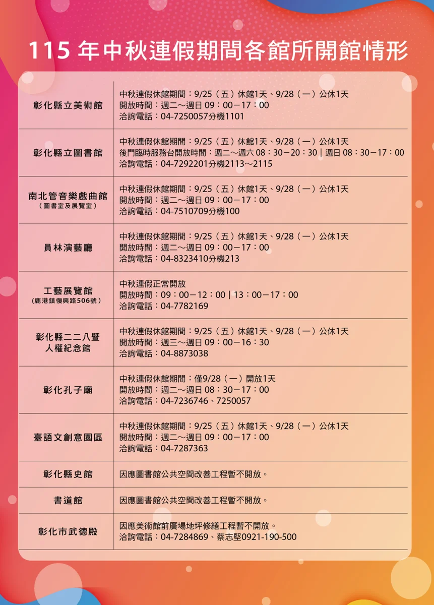中秋連假彰化藝文攻略!各場館開放時間與必看明華園大公開