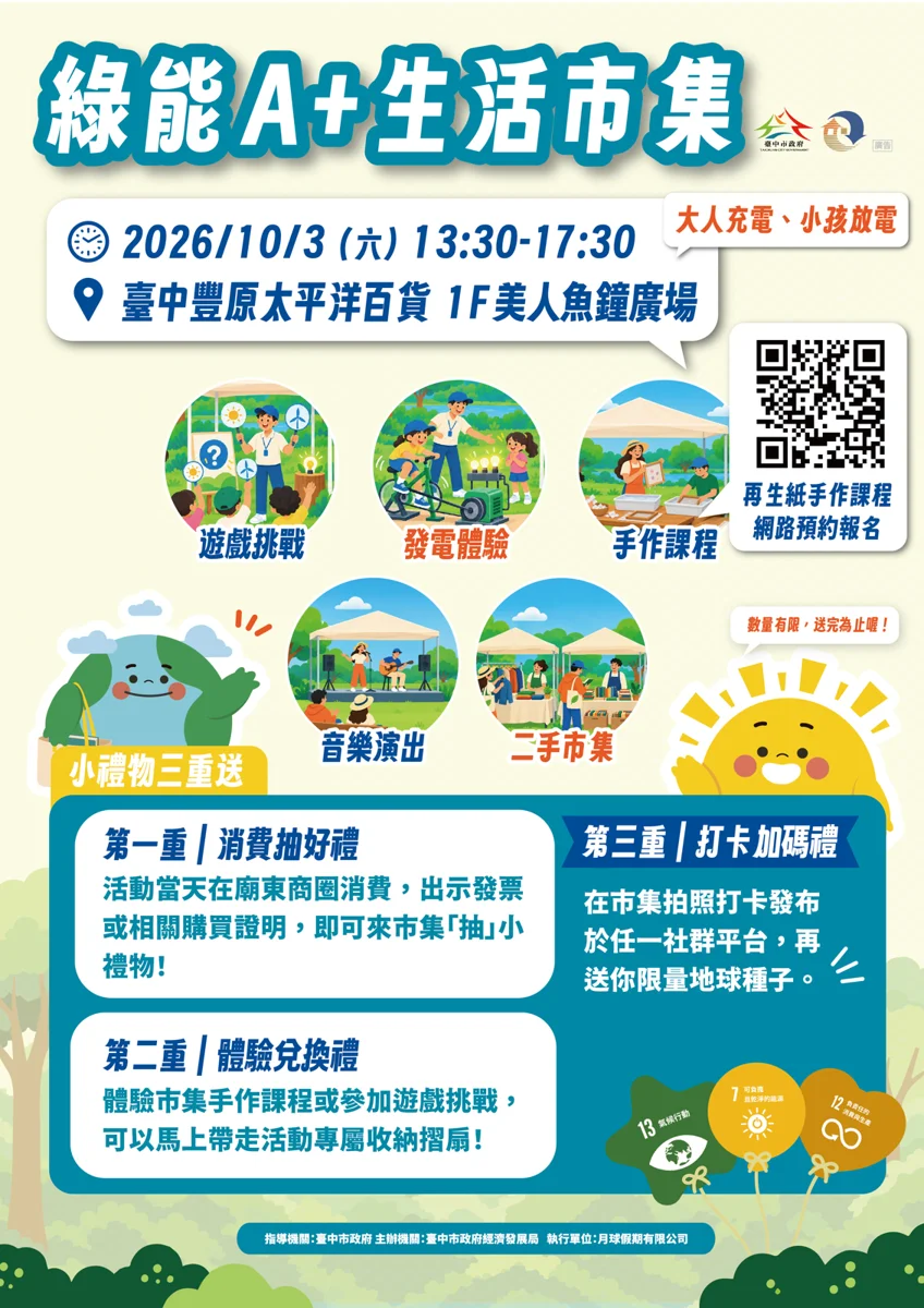 【2026台中活動】豐原「綠能A+生活市集」10/3登場！逛二手挖寶、腳踏車發電換好禮