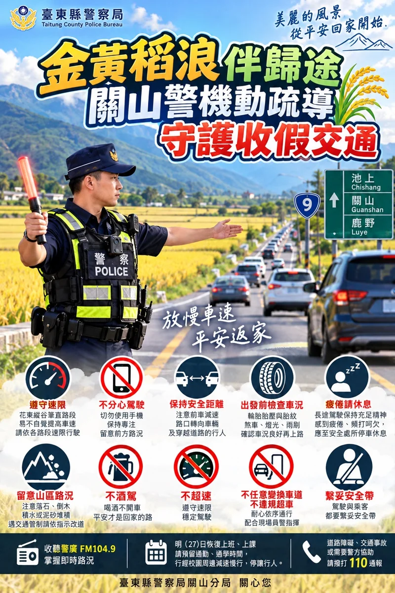 光復節連假收假！臺9線花東縱谷車流湧現 關山警公布6大易塞路段必看攻略
