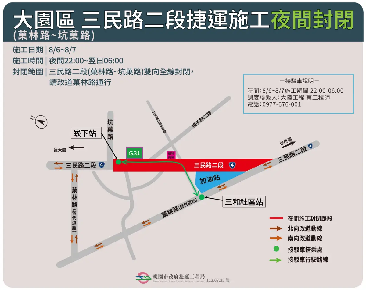 桃園捷運綠線施工進行中 兩路段臨時封閉改道