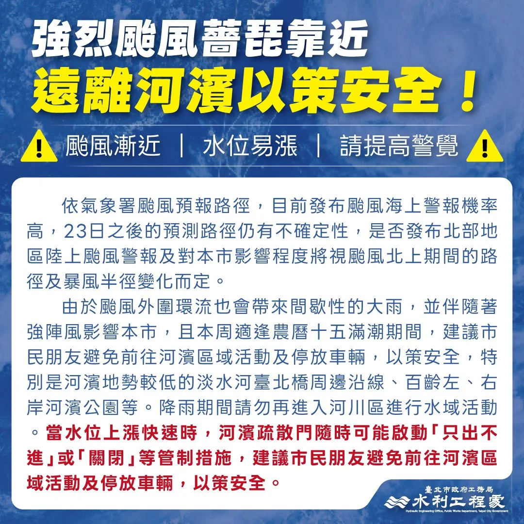 強颱薔琵逼近遇滿潮!北市水利處示警:河濱隨時關閉,未移車最高罰4800元