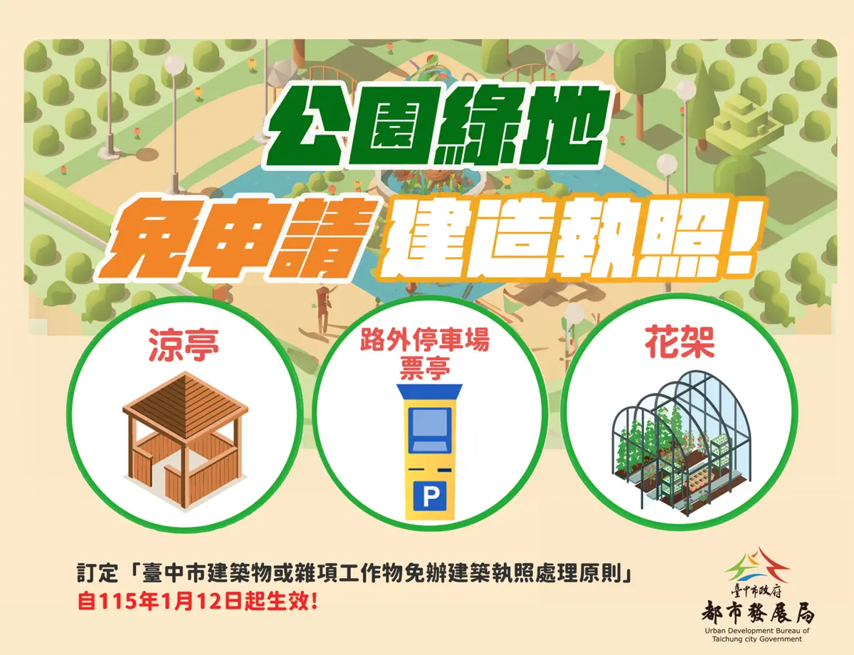 台中簡易公設興建大鬆綁!停車票亭、涼亭未來免辦建照,加速打造友善空間