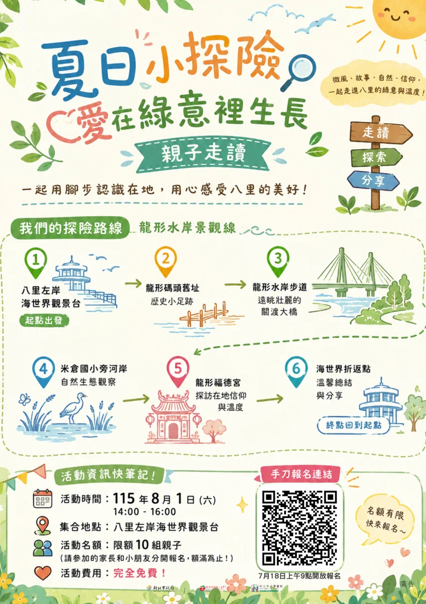 八里親子免費走讀開放報名!龍形水岸綠意探險,聽繪本故事還能賞無敵河景