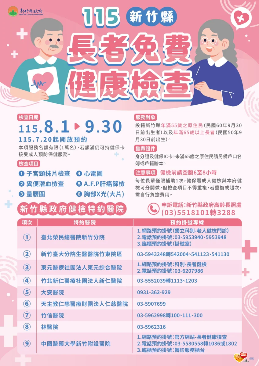 【新竹縣長輩福音】1萬名額免費健檢7/20開跑!9家醫院預約懶人包