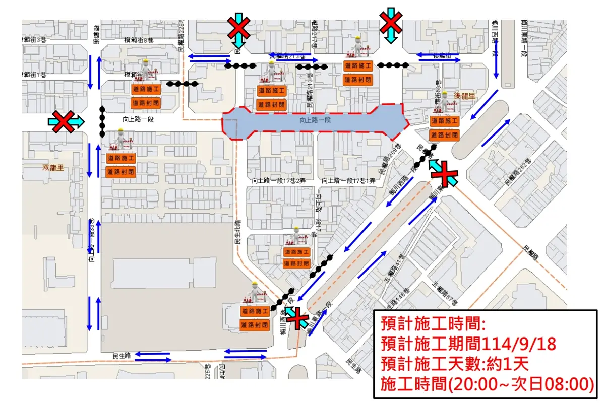 注意繞道!台中西區向上路今晚8點起封閉12小時 進行「路面燙平」施工