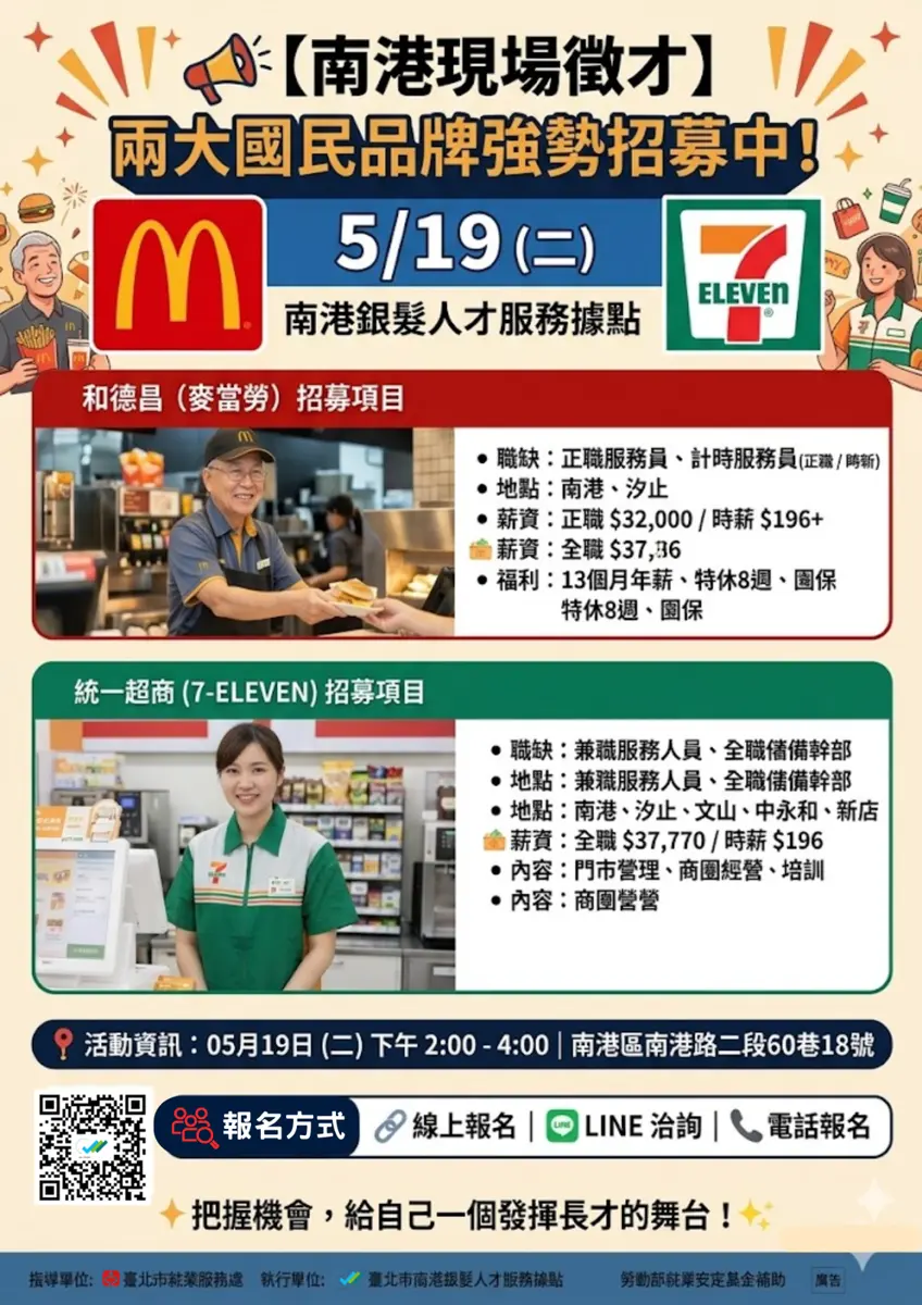 南港徵才!麥當勞、7-ELEVEN 5/19聯合招募,現場面試搶先卡位