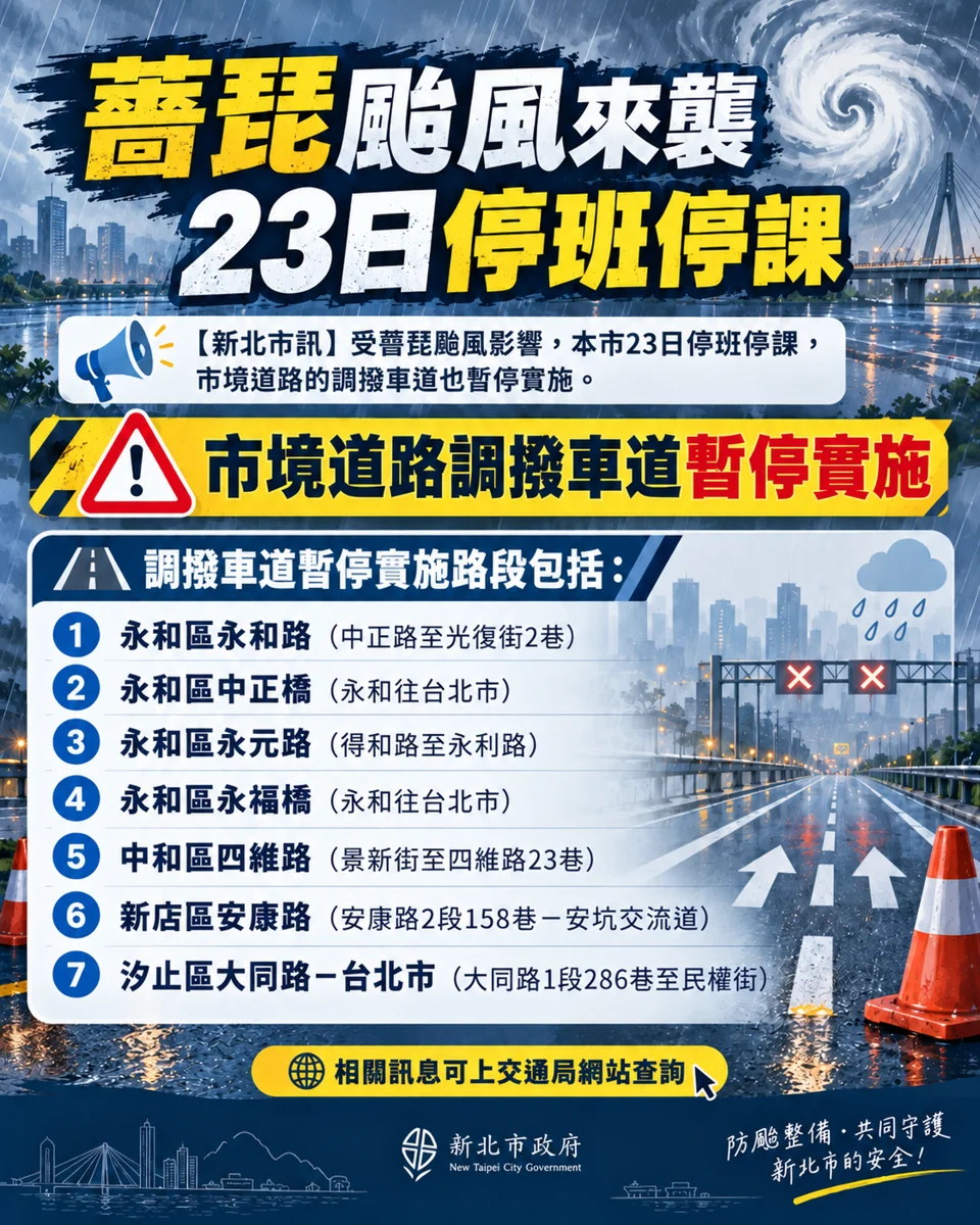 薔琵颱風23日新北停班停課！永和、新店、汐止等7處調撥車道暫停實施[懶人包]