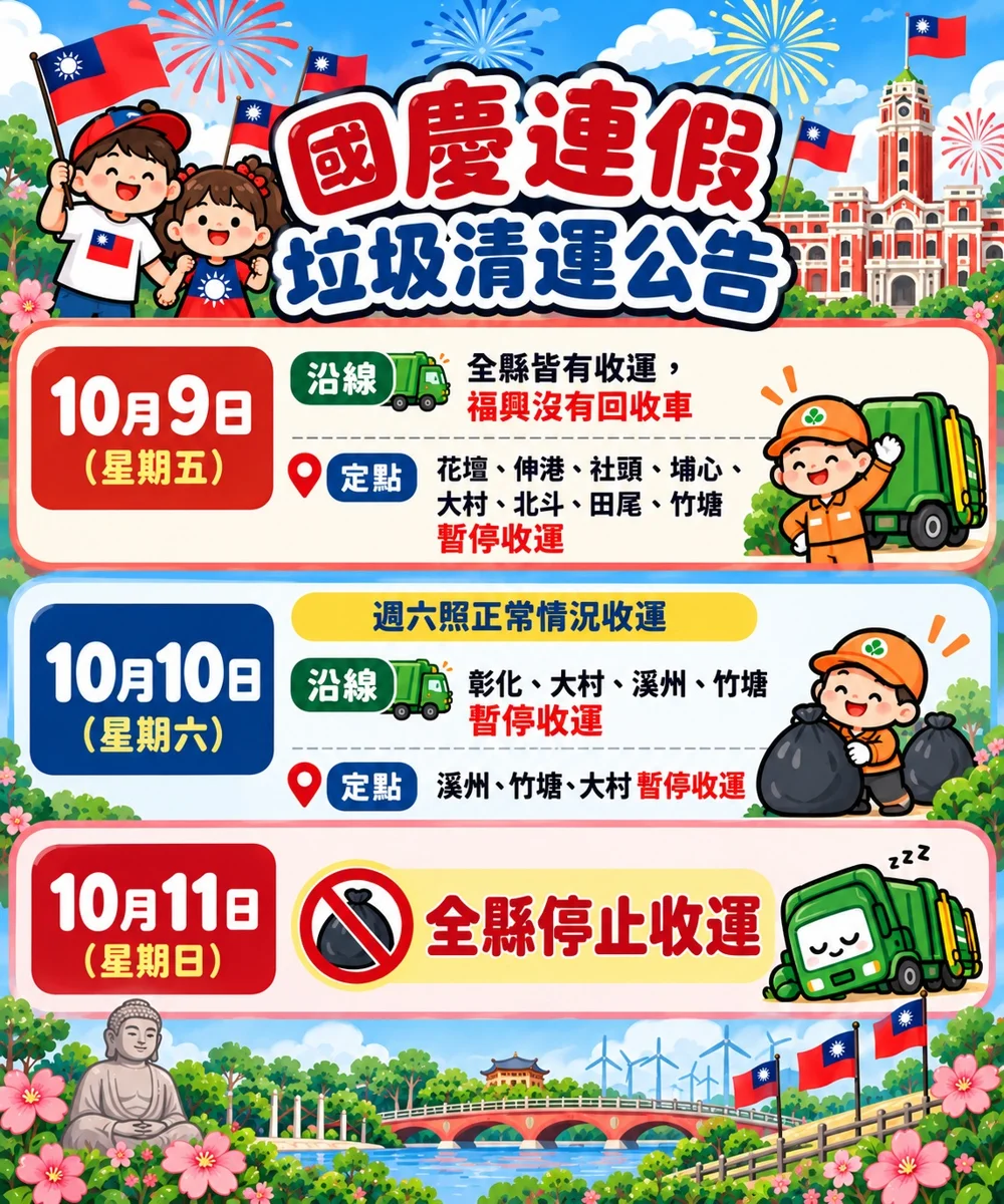 【2026國慶連假】彰化縣垃圾清運時間大公開!11日全縣停收一次看