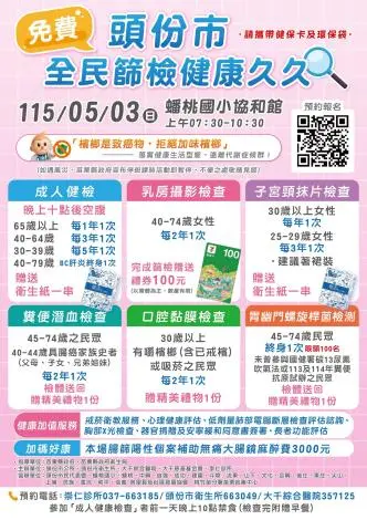 頭份市民快看!5/3免費健康檢查就在蟠桃國小,癌症、慢性病篩檢一次到位