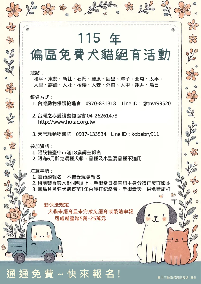 台中飼主注意!18區犬貓「免費三合一」開跑,未絕育最高罰25萬