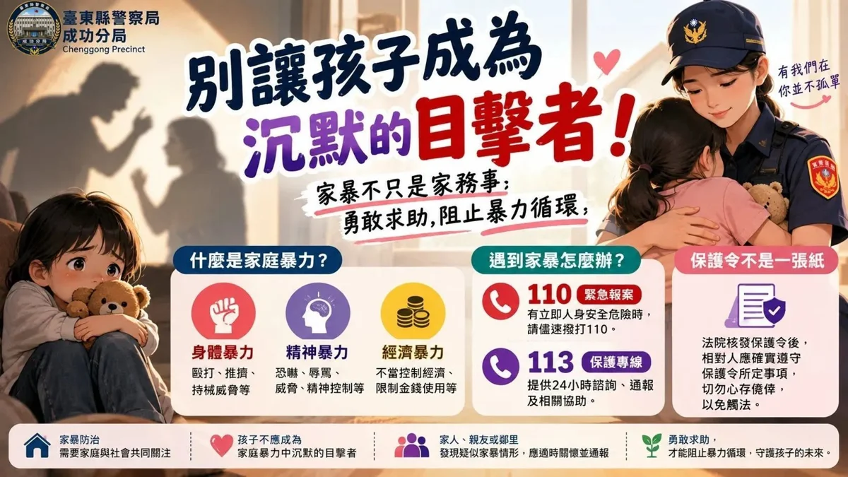 別讓孩子成為「沉默目擊者」!成功警籲家暴不隱忍 2管道求助保平安