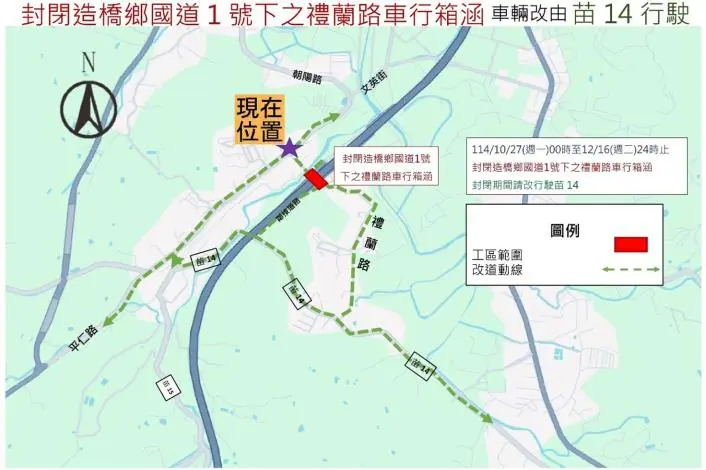 造橋鄉民注意!國1交流道施工 禮蘭路箱涵封閉近2個月、替代路線看這