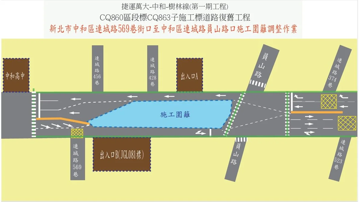 捷運萬大線施工注意！中和連城路7/3起調整車道，速限30公里小心行駛