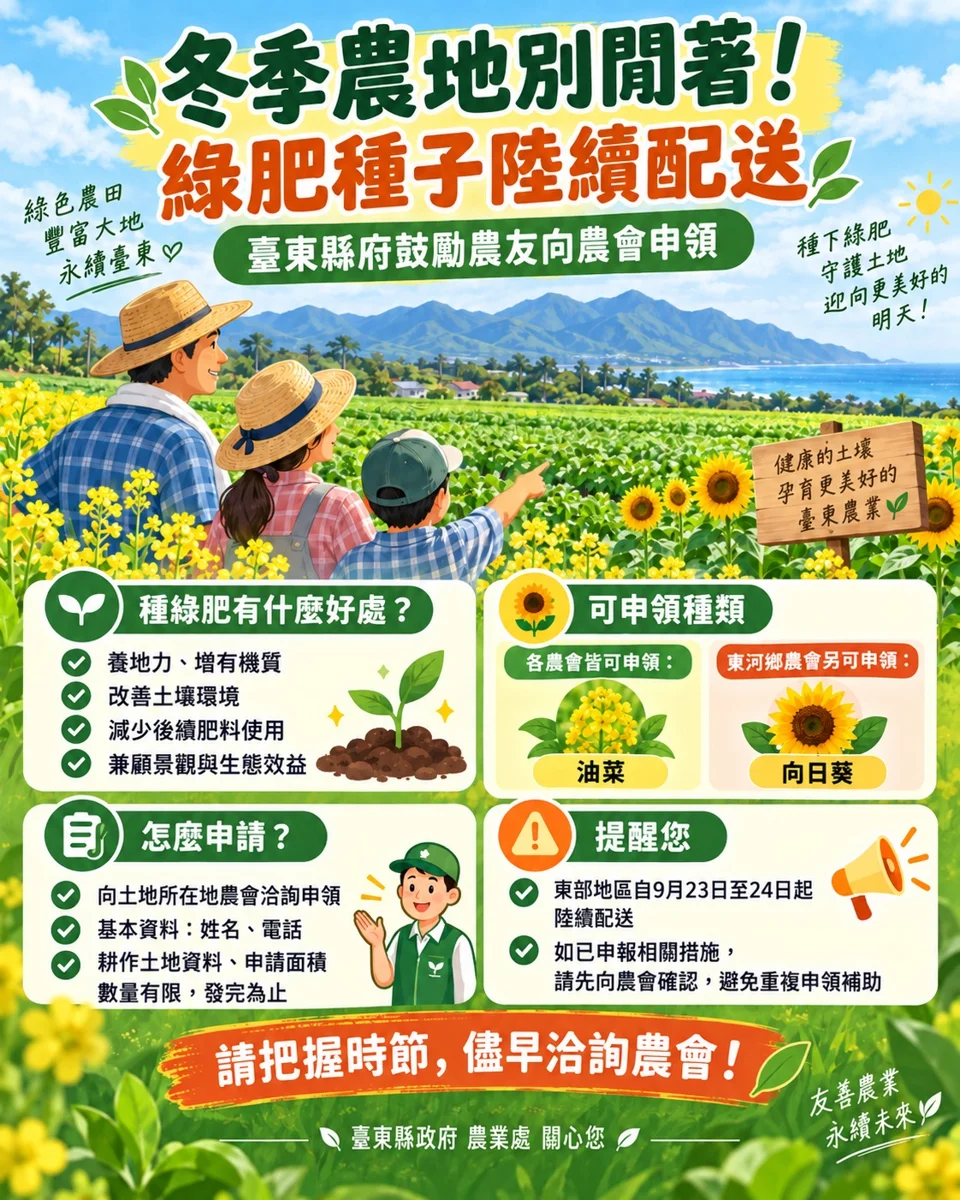 台東冬季綠肥種子免費發送!農友快向農會申領 打造絕美花海還能養地