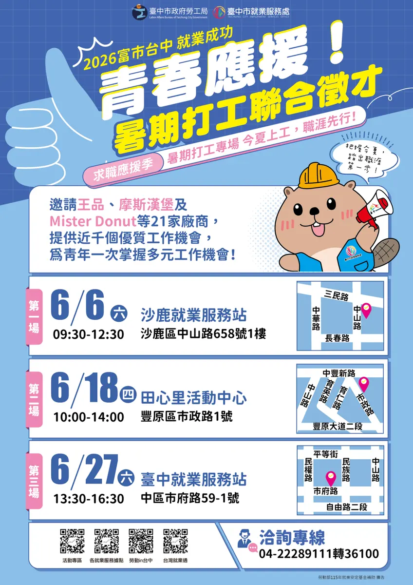 台中暑期打工開跑!麥當勞、王品等21家企業徵才近千人,月薪上看4萬5,三場次資訊總整理