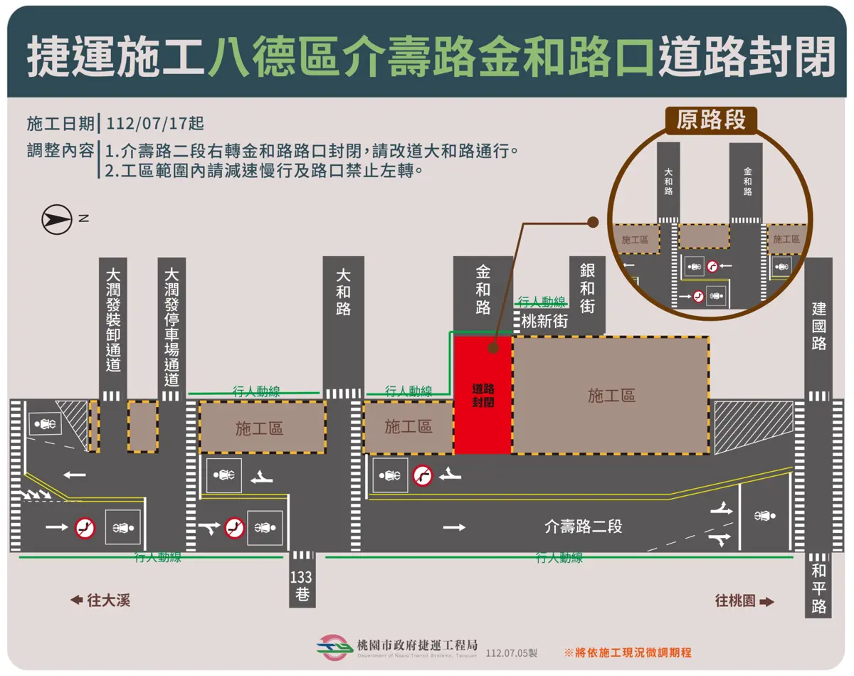 注意!桃園捷運施工讓八德區介壽路與金和路口暫停通行!