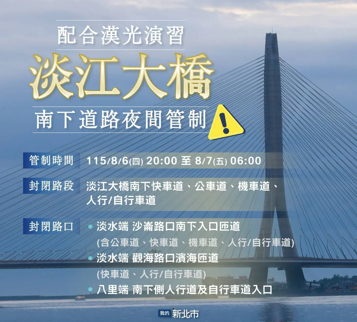 [2026最新]配合國軍演習！新北3大路段交管懶人包 淡江大橋、光復橋封閉時間大公開