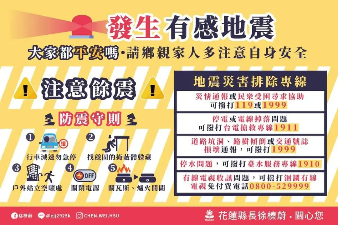 注意餘震!花蓮縣府發布公告 提供多項緊急聯絡專線