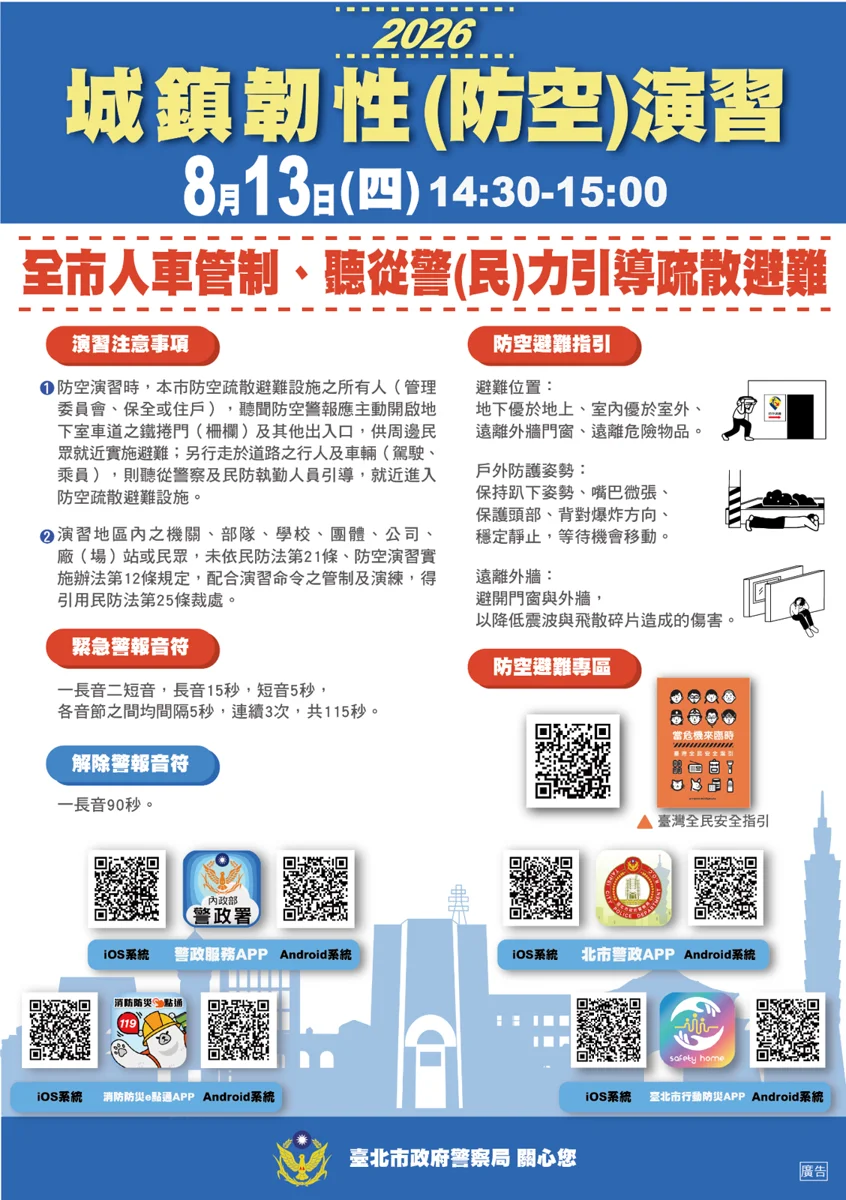 【2026防空演習】8/13下午半小時全面管制!北市這時段人車需避難,違者最高罰15萬