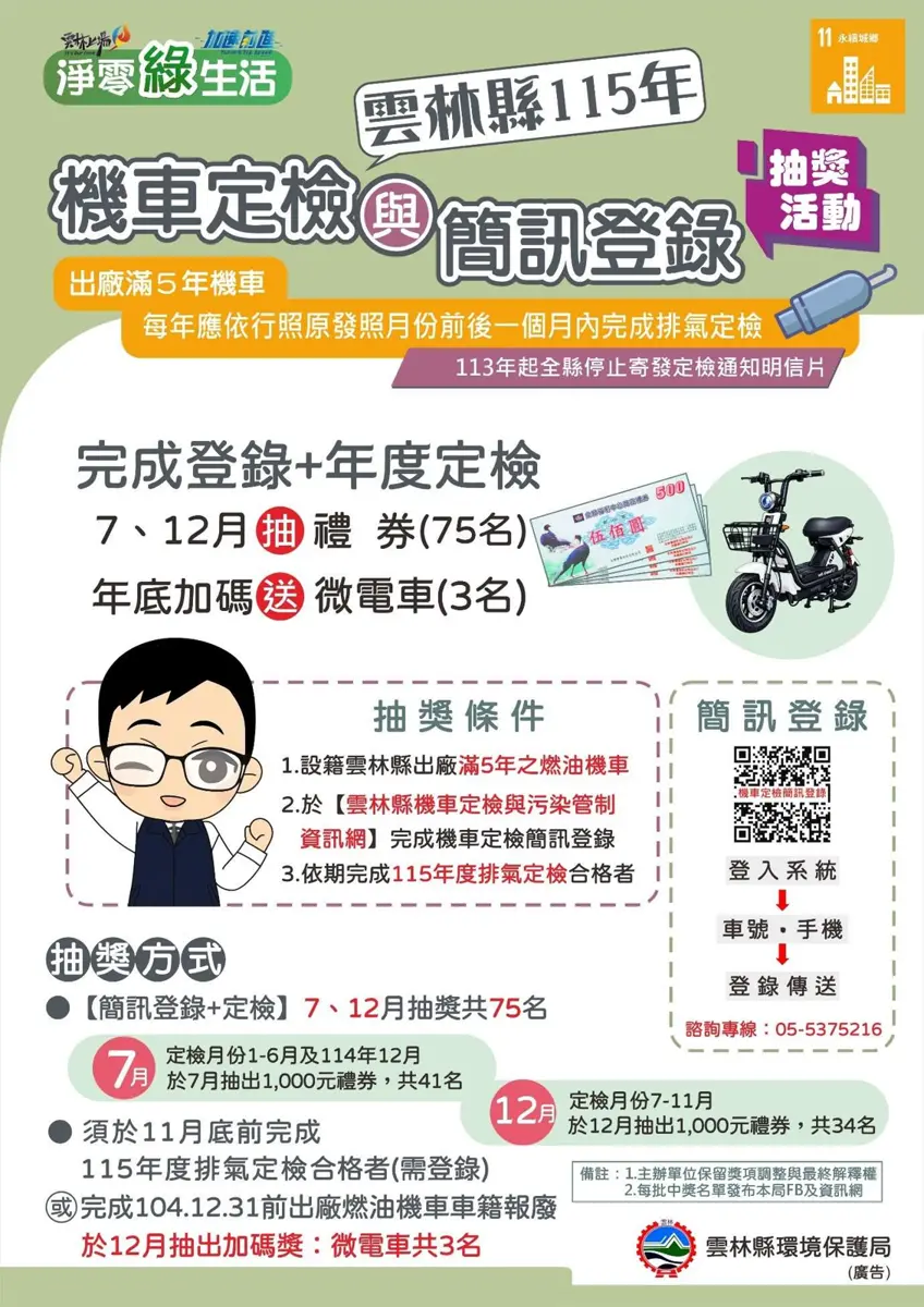 雲林機車族福音!定檢登記抽千元禮券、微電車 報廢老車也能抽