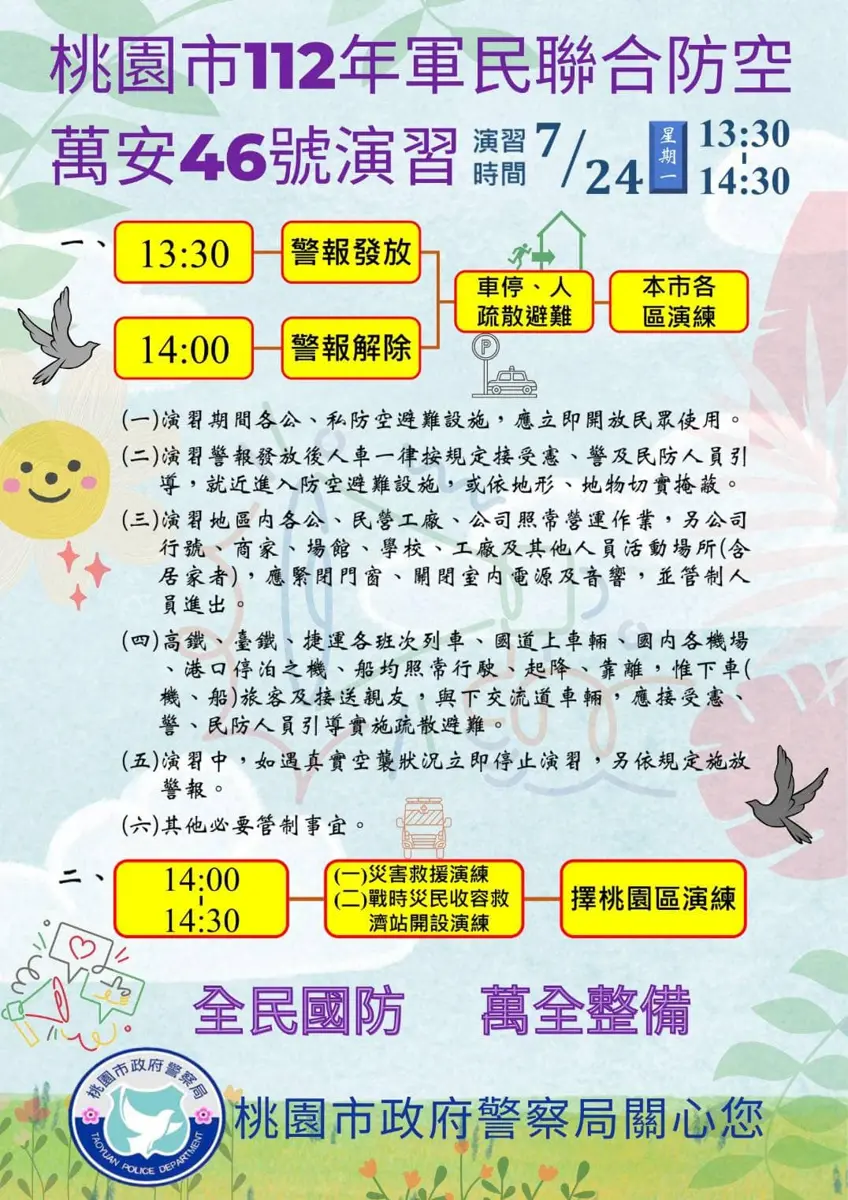 桃園市民注意!萬安46號演習將對交通與人員進行管制